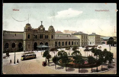 AK Mainz, Hauptbahnhof mit Strassenbahn