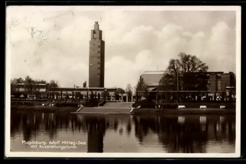 AK Magdeburg, Adolf Mittag-See mit Ausstellungsturm
