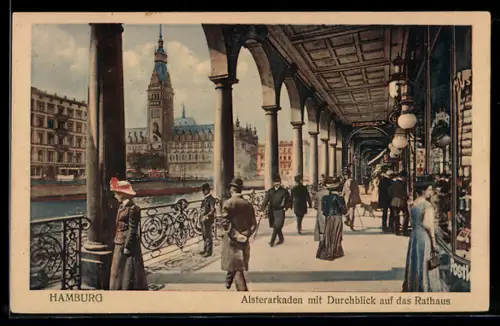 AK Hamburg, Alsterarkaden mit Durchblick auf das Rathaus