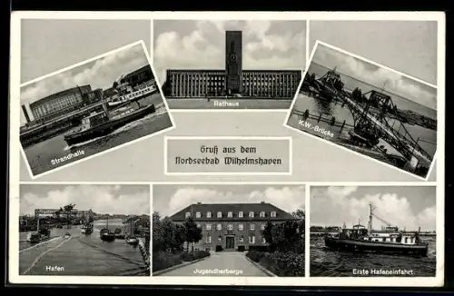 AK Wilhelmshaven, Rathaus, Hafen, K.W.-Brücke