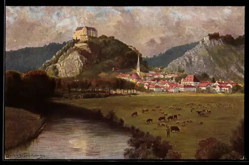 Künstler-AK Riedenburg /Altmühltal, Ortsansicht mit Burg