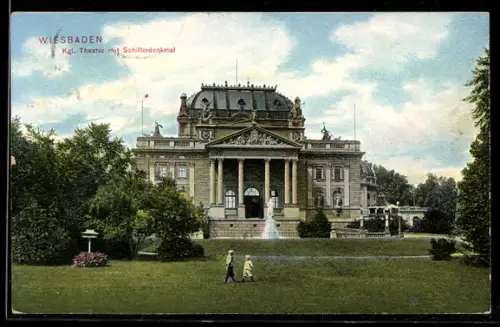 AK Wiesbaden, Kgl. Theater mit Schillerdenkmal