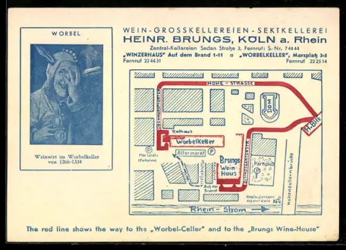 Lithographie Köln a. Rhein, Wein-Grosskellereien Heinr. Brungs, Worbelkeller, Auf dem Brand 1