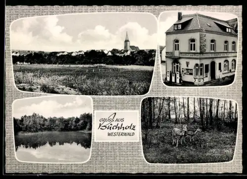 AK Buchholz /Westerwald, Panorama mit Kirche, Gasthaus Zur Post, Inh. Toni Melzer und Sohn