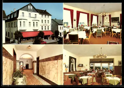 AK Rengsdorf /Westerwald, Hotel Rengsdorfer Hof, Inh. W. Muscheid, Aussenansicht, Speisesaal, Flur