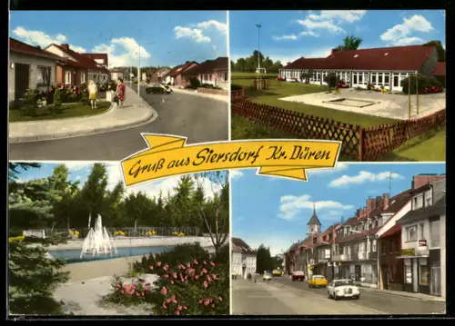 AK Siersdorf /Düren, Strasse mit Wohnhäusern, Spielplatz, Park mit Springbrunnen