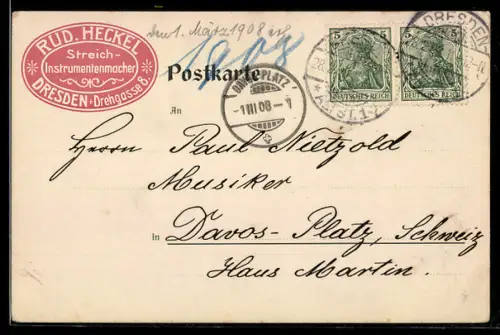 AK Dresden, Werbeetikett Rud. Heckel Streich-Instrumentenmacher, Drehgasse 8