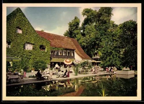AK Hannover, Hotel Georgenhof, Terrasse am Teich mit Gästen