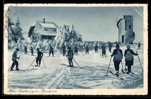 AK Brend /Schwarzwald, Höhen-Gasthaus zum Brendturm, Brendturm, Wintersportplatz mit Skifahrern