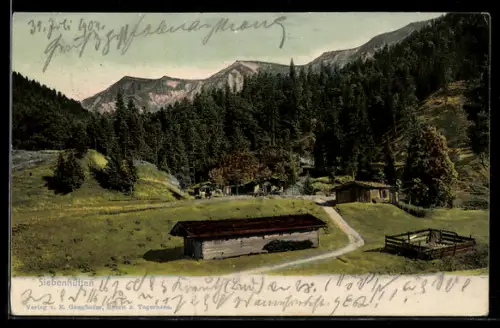 AK Siebenhütten, Almwiese mit Hütten, Wald und Bergpanorama
