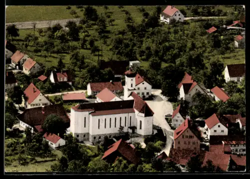 AK Ottenbach, Kath. Pfarrkirche St. Sebastian u. Ortsansicht, Fliegeraufnahme