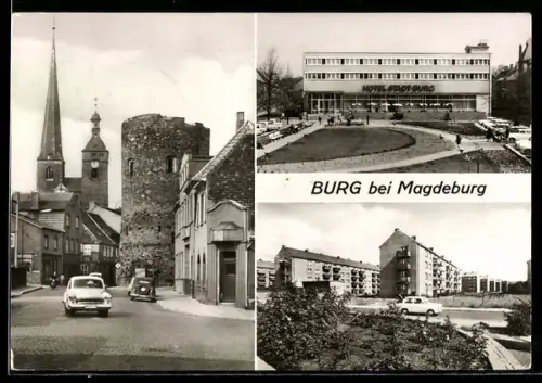 AK Burg bei Magdeburg, Stadtturm, Kirche, Hotel Stadt Burg