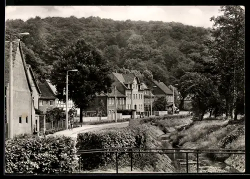 AK Rastenberg /Thür., Strassenansicht, Flusslauf, bewaldete Hügel