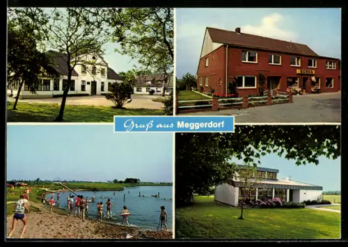 AK Meggerdorf, Edeka-Geschäft, See und Strand, modernes Gebäude