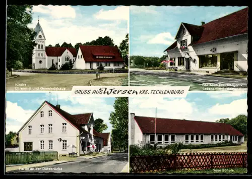 AK Wersen /Tecklenburg, Kirche, Gasthaus Eversmeyer, Partie an der Dütebrücke, Neue Schule