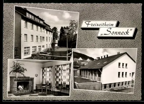 AK Wehrda über Marburg, Freizeitheim Sonneck, Gebäudeansichten, Innenraum mit Kamin