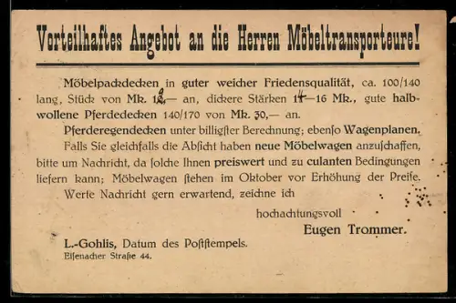 AK Leipzig-Gohlis, Angebot für Möbelpackdecken, Pferdedecken, Wagenplanen, Möbelwagen von Eugen Trommer