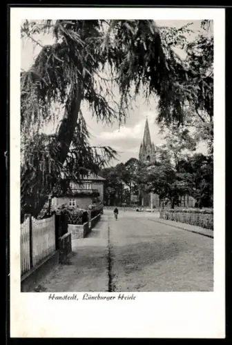 AK Hanstedt /Lüneburger Heide, Strassenansicht mit Kirche