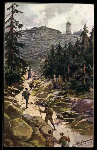 AK Brocken, Brockenhotel, Aussichtsturm, Wanderer auf dem Aufstieg