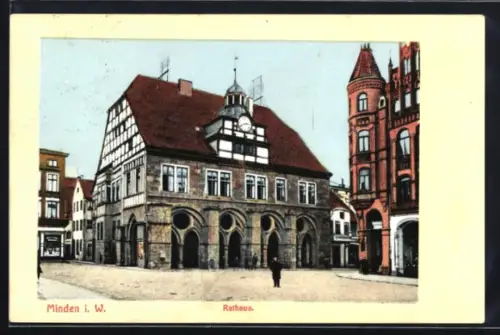 AK Minden i. W., Rathaus mit Strassenpartie