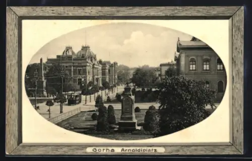 AK Gotha, Arnoldiplatz mit Denkmal und Strassenbahn, Passepartout