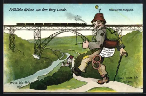 Künstler-AK Müngsten /Berg. Land, Riesenbrücke mit Eisenbahn und Landstreicher
