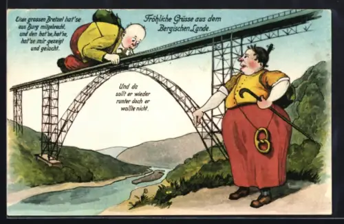 Künstler-AK Müngsten /Bergisches Land, Ehepaar an der Riesenbrücke