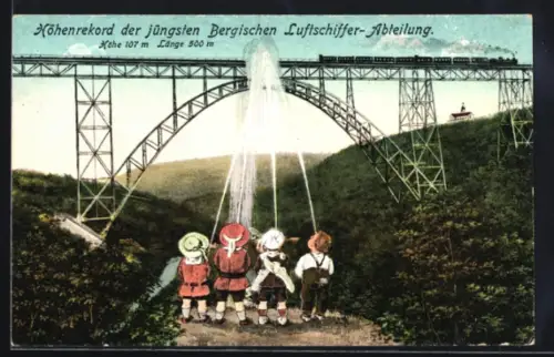 Künstler-AK Müngsten /Berg. Land, Jungen pinkeln gegen Eisenbahnbrücke