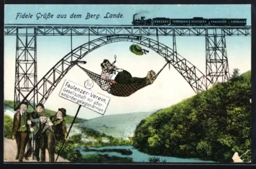 AK Müngsten, Eisenbahnbrücke, der Faulenzerverein und Mann in Hängebrücke