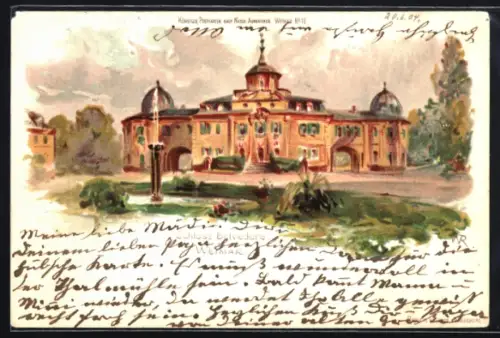 Lithographie Weimar, Blick zum Schloss Belvedere