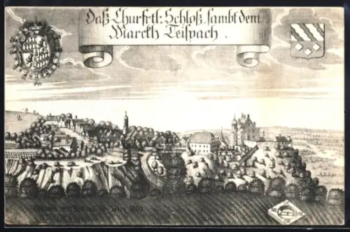 Künstler-AK Markt Teisnach, Teilansicht mit Schloss im Jahre 1690, Wappen