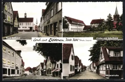 AK Lichtenau /Kreis Kehl, Hauptstrasse mit Gasthaus und Brauerei, Rathaus, Kirche und Schulhaus