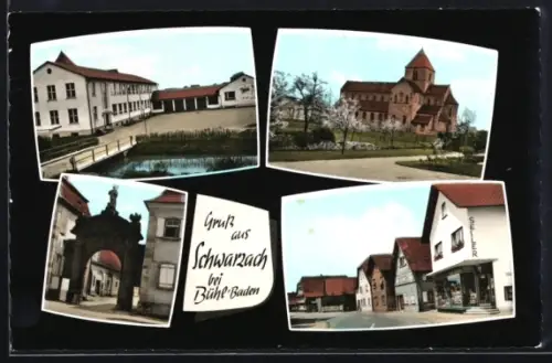 AK Schwarzach bei Bühl, Geschäft Seiler, Kirche, Tor