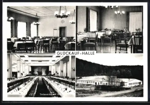 AK Salzgitter-Gebhardshagen, Gaststätte Glückauf-Halle, Innenansichten Klubzimmer und Restaurant mit Bühne