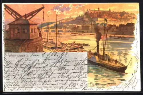 Lithographie Würzburg, Partie am Main mit Dampfer im Dämmerungslicht