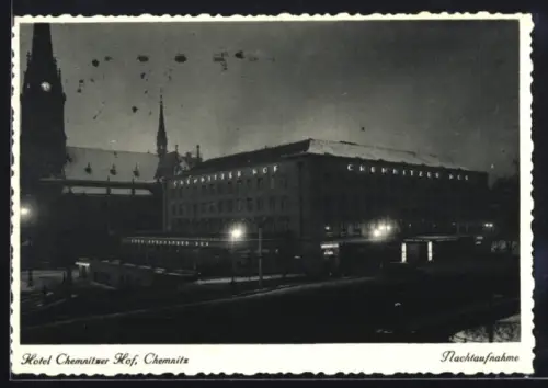AK Chemnitz, Hotel Chemnitzer Hof bei Nacht