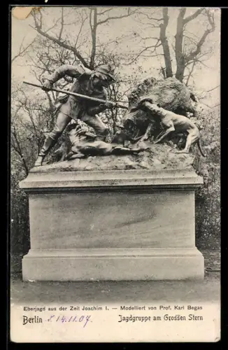 AK Berlin-Tiergarten, Jagdgruppe am Grossen Stern, Eberjagd aus der Zeit Joachim I., modelliert von Karl Begas