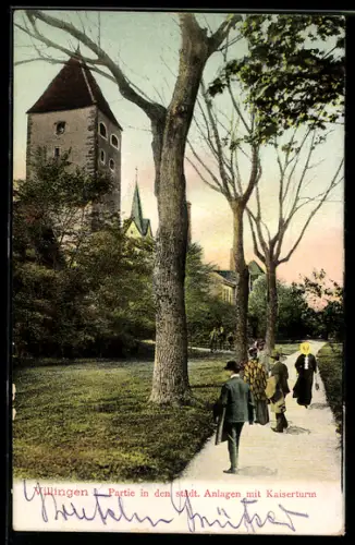 AK Villingen, Partie in den städtischen Anlagen mit Kaiserturm