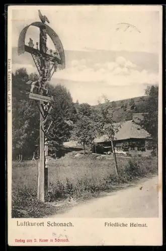 AK Schonach, Wegkreuz und Schwarzwaldhaus