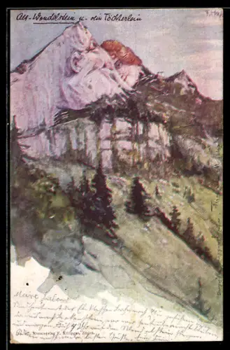 Künstler-AK Fritz Hass: Killinger Nr. 147, Ost-Wendelstein und sein Töchterlein, Berg mit Gesicht / Berggesichter