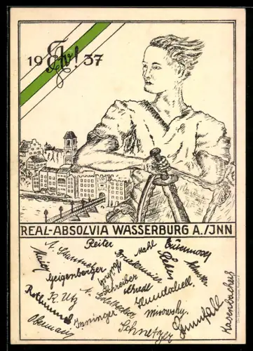 AK Wasserburg a. Inn, Real-Absolvia 1937, Teilansicht der Stadt