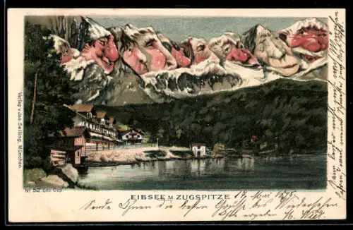 Lithographie Eibsee m. Zugspitze, Seiling Nr. 52, Berg mit Gesicht / Berggesichter