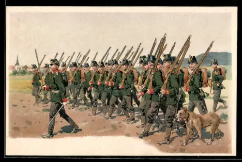 Lithographie Infanteristen mit Spürhund auf dem Marsch