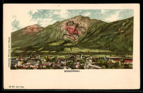 Künstler-AK Seiling Nr. 61: Reichenhall, Ortsansicht gegen das Gebirge, Berg mit Gesicht / Berggesichter
