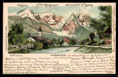 Lithographie Seiling Nr. 53: Garmisch, Ortspartie, Berg mit Gesicht / Berggesichter