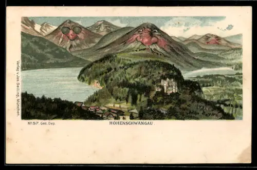 Lithographie Seiling Nr. 57, Hohenschwangau, Totale mit Berggesichtern