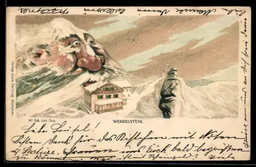 Lithographie Seiling Nr. 56: Wendelstein und Berghütte, Berg mit Gesicht / Berggesichter