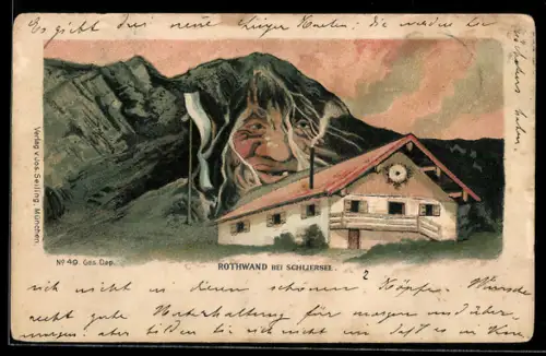 Künstler-AK Seiling Nr. 49: Rothwand-Haus, Berghütte am Schliersee im Abendlicht, Berg mit Gesicht