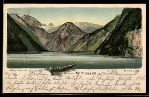 Lithographie Seiling Nr. 43, Königssee, Panorama mit Berg mit Gesicht / Berggesicht, Berggesichter