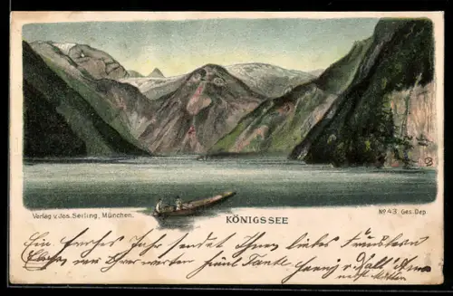 Lithographie Seiling Nr. 43: Boot auf dem Königssee, Berg mit Gesicht / Berggesichter